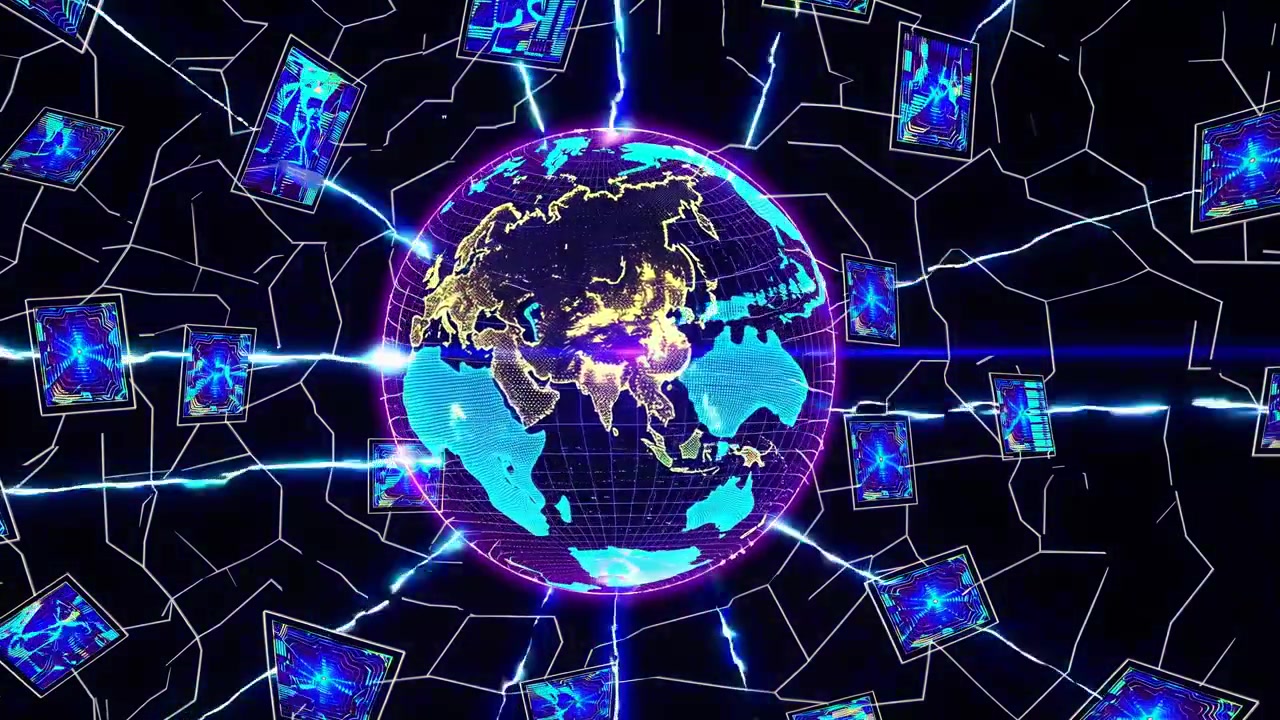 Bola Bumi Digital Futuristik dengan Koneksi Data Bercahaya