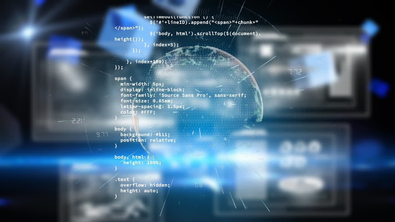 Animation of data processing and spinning globe against light spots and trails on black background