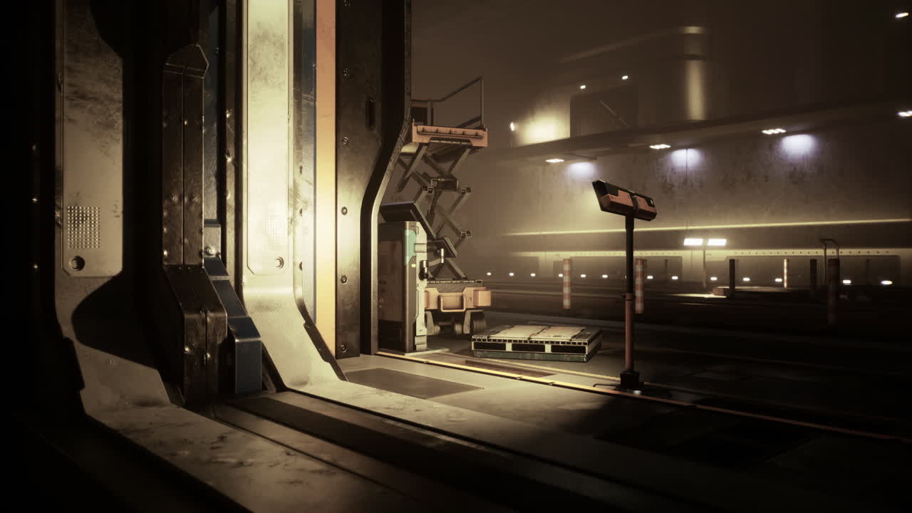 Modern industrial interior with illuminated structure and stairs in low light