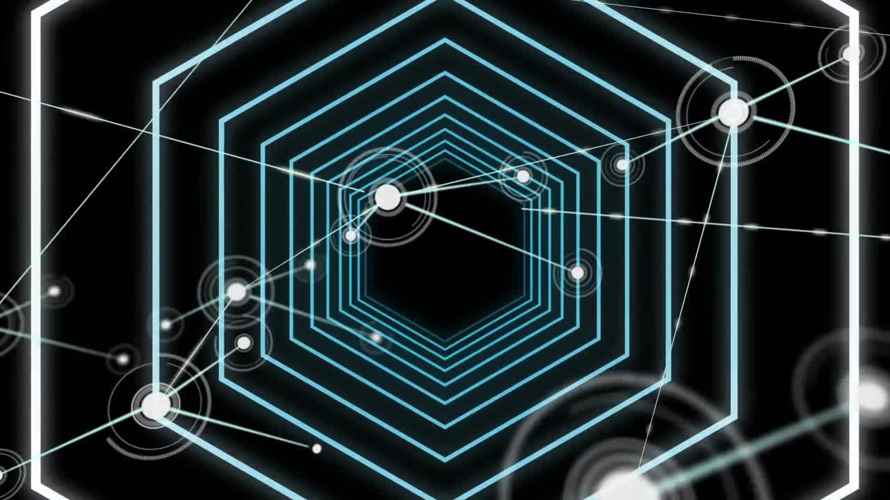 검은 바탕에 네온 파란 빛나는 육각형 터널에 대한 연결 네트워크