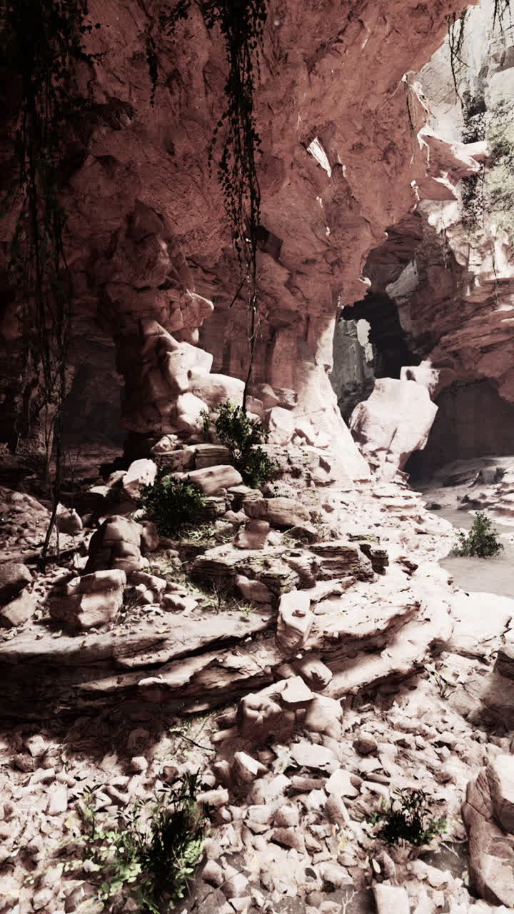 una gran cueva con una formación rocosa en el primer plano