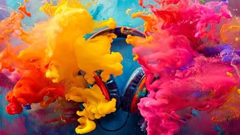 a pair of headphones sitting on top of a colorful background