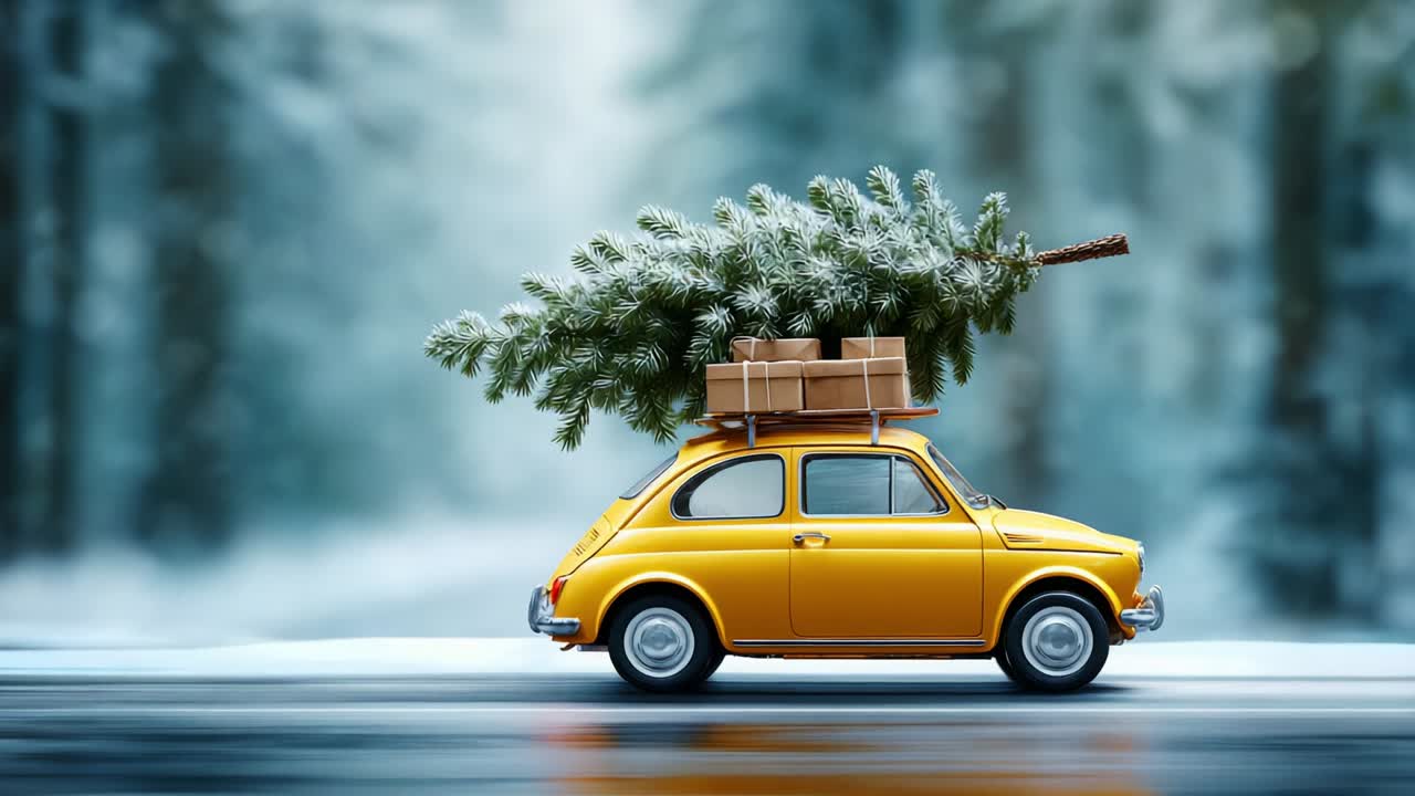 A charming vintage yellow car transports a beautifully decorated Christmas tree, complete with festive gifts, showcasing a heartwarming holiday scene in a serene, snow-covered forest backdrop