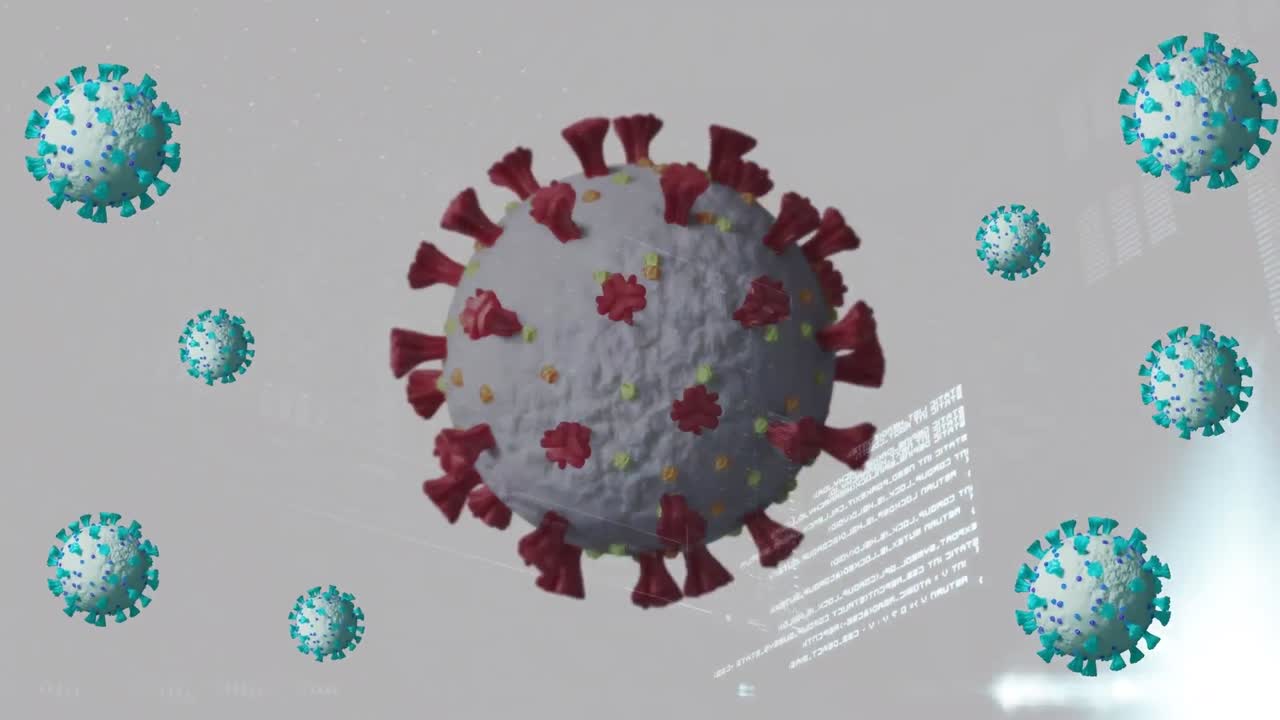 animación de células de virus sobre el procesamiento de datos en fondo gris