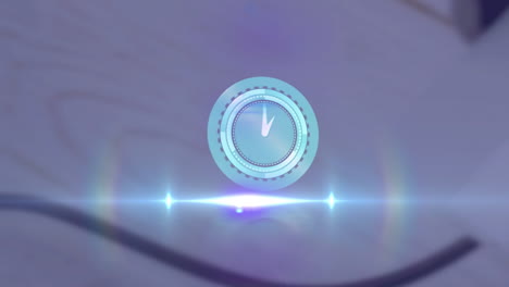 animation of rotating safe lock with clock over light trail on blurred background