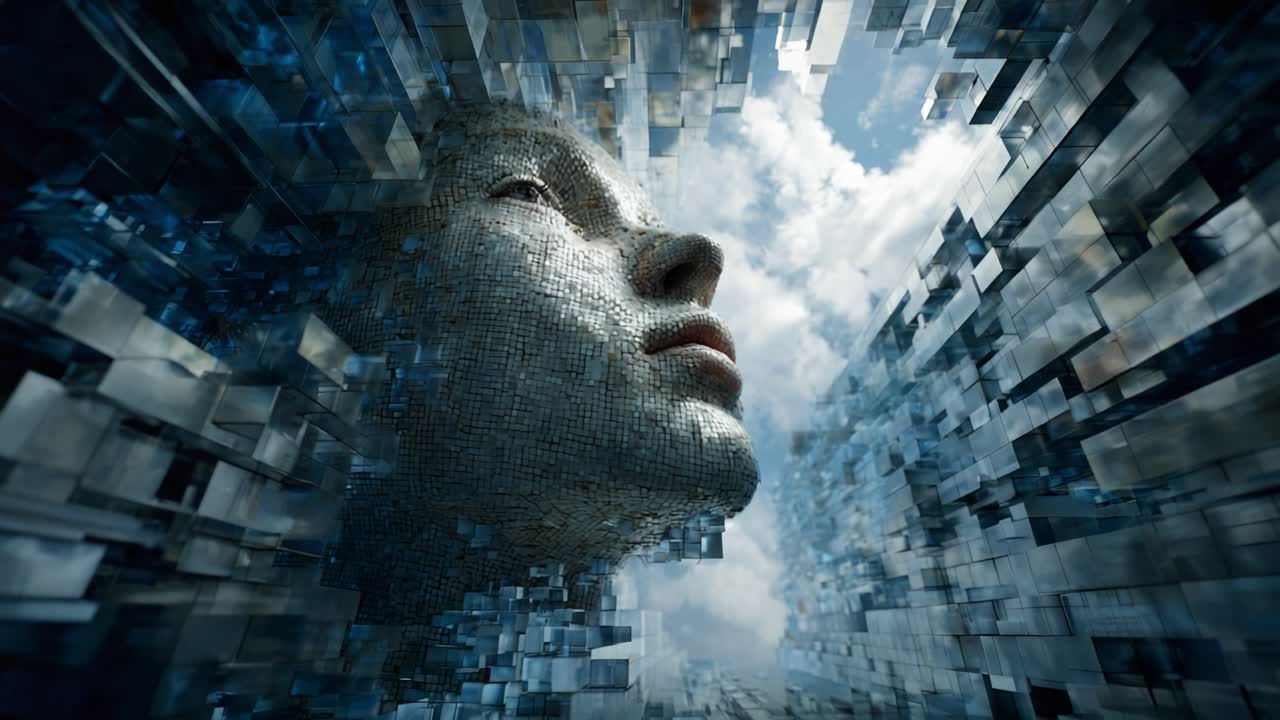 A digital mosaic of a human face emerging from a fragmented landscape, illustrating the fusion of technology and humanity, set against a backdrop of a blue sky with clouds