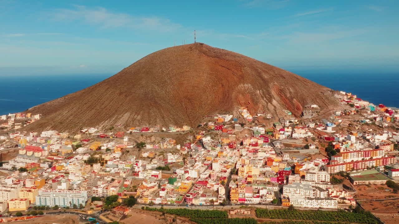 Gran Canaria island highrise residential and commercial buildings in hot climate, Canary Islands off the Atlantic coast, Drone view