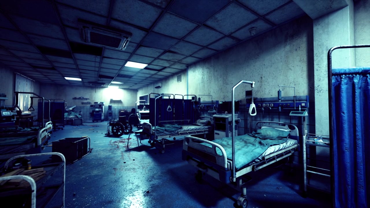 Silent emergency department with scattered tools and flickering screens