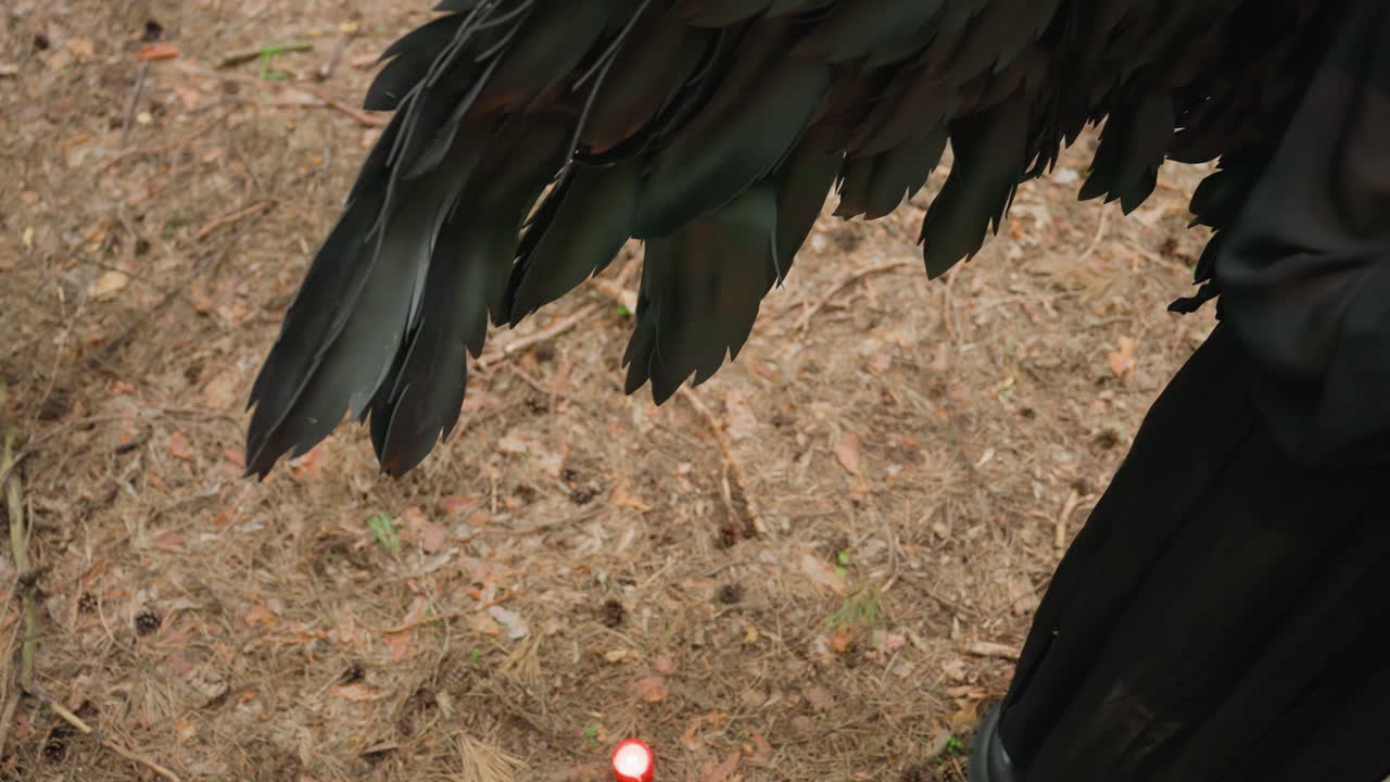 Close-up of large black feathered wings spreading above forest ground with burning red candle below, symbolizing fallen angel energy, ritual mystery, dark spirituality, and transformation