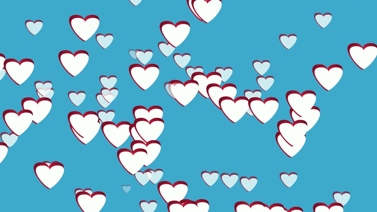 iconos de corazones de amor animación de color blanco moviéndose hacia arriba dibujos animados sobre fondo azul, bueno para el concepto de marketing o fondo de video corto para redes sociales historia