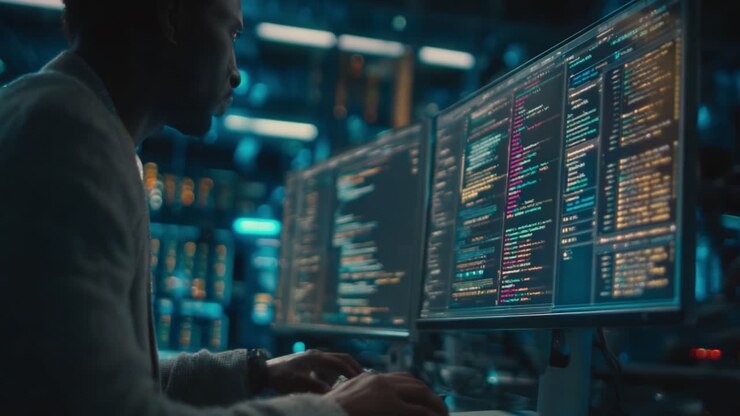 Focused Programmer Analyzing Complex Code on Multiple Monitors in High-Tech Data Center Environment, Highlighting Advanced Programming Skills and Concentration