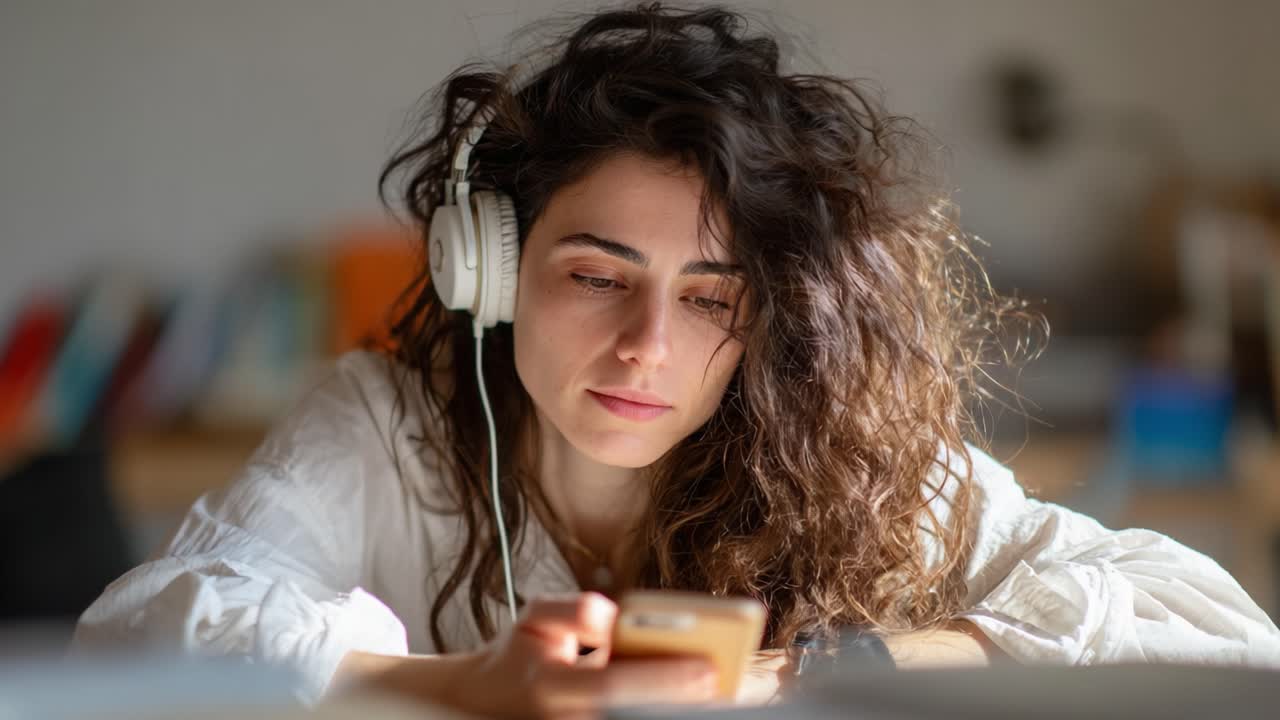 A young woman with curly hair enjoys her music while intently scrolling through her phone, showcasing a moment of tranquility and focus in a cozy environment