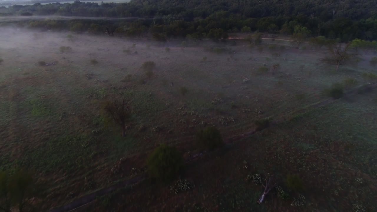 vuelo aéreo temprano en la mañana sobre un rancho con niebla cerca de richland springs texas