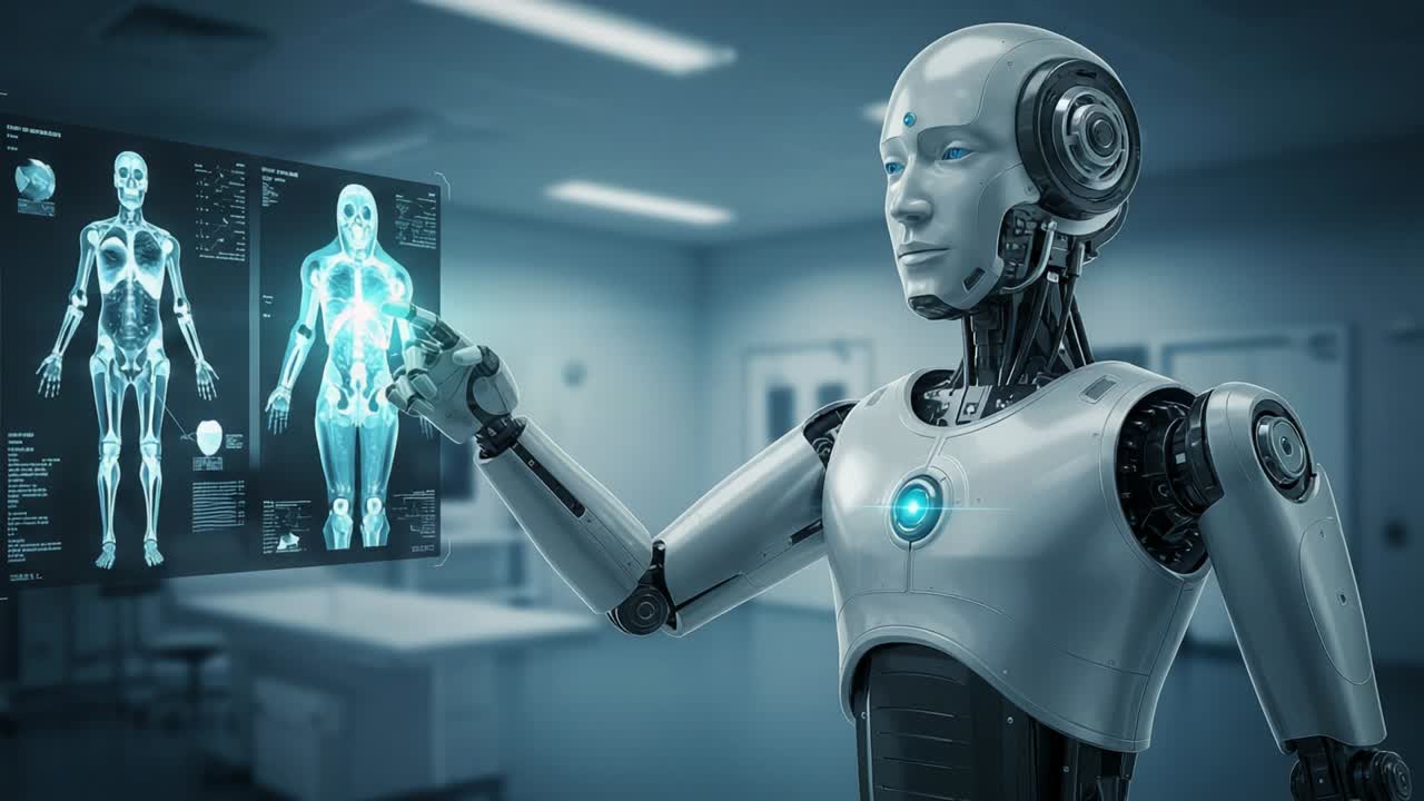 Futuristic Robot Analyzing Human Anatomy Through Interactive Display in a Modern Laboratory Environment