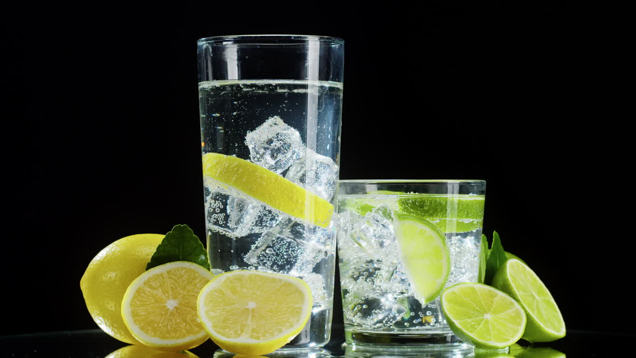 Refreshing Sparkling Water with Lemon and Lime Slices and Ice