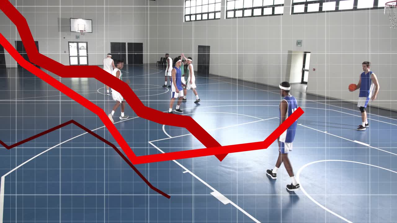 Ballhandler passing left, creating basketball shot, defenders converging, red analytics overlaying