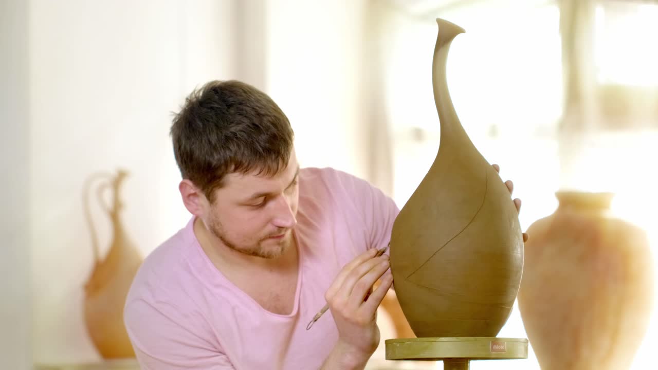 A potter shaping a clay vase