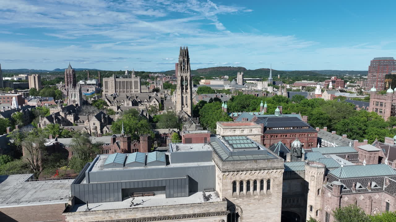 Harkness Tower Within Old Campus Yale University In New Haven, Connecticut, USA. - aerial shot