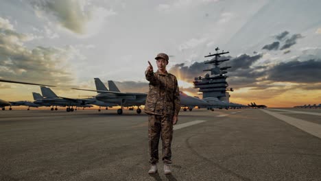 full body of asian man soldier pointing at you and disapproving with no index finger sign while standing on aircraft carrier