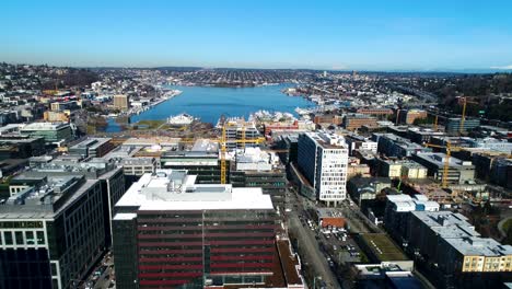 wide aerial of seattle's south lake union neighborhood in 2017, prior to the massive tech expansion of google and amazon