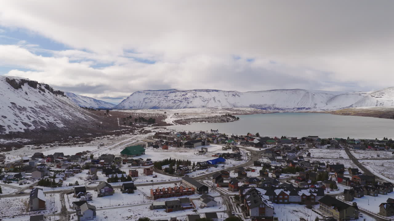 Aerial fly above the Caviahue-Copahue village and municipality area in winter season, Neuquén, Argentina
