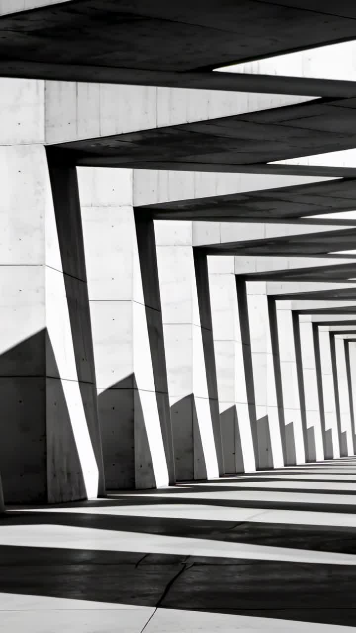 Video verticale: Telecamera in panoramica che rivela colonne che si allontanano in una piazza soleggiata, bande d'ombra, crepa nel pavimento.