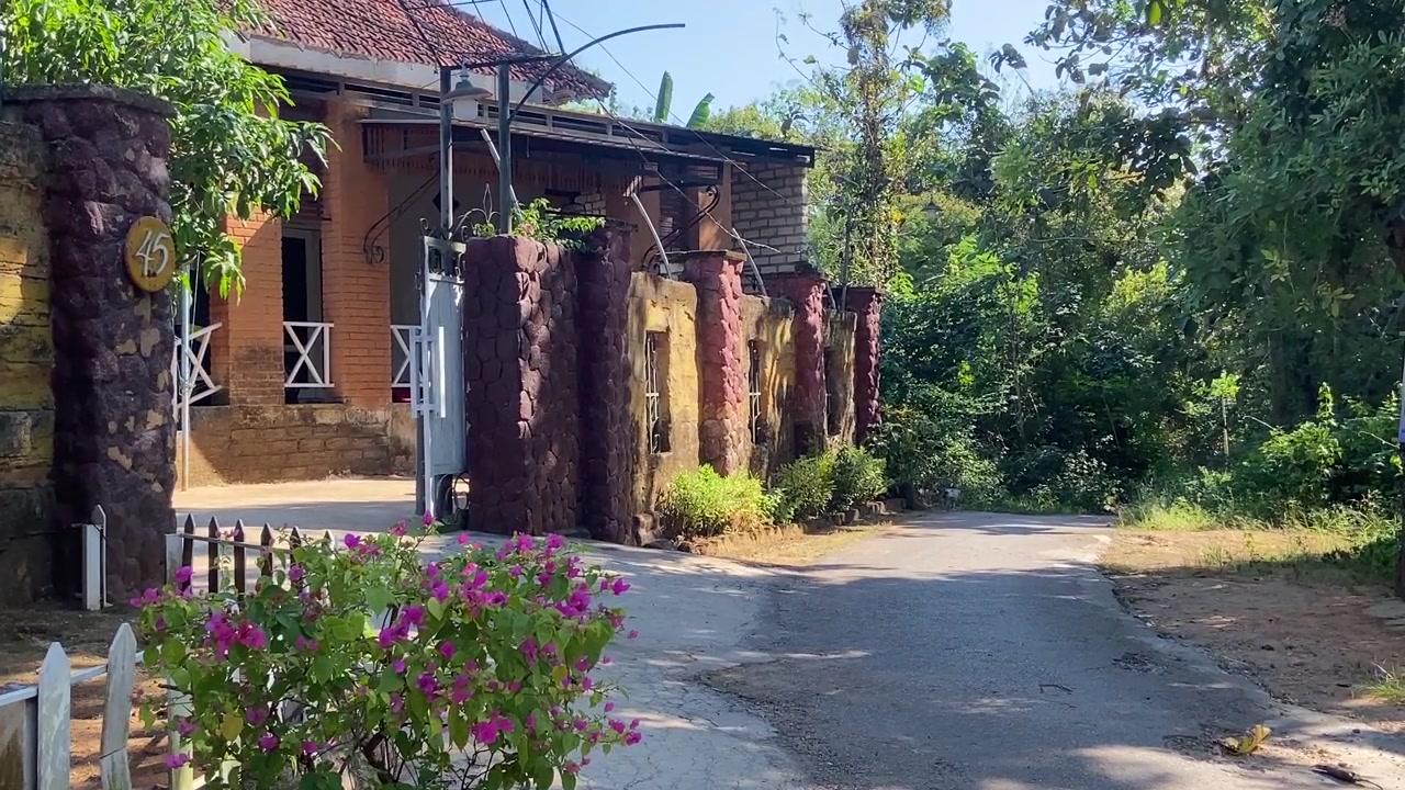 Entrance to a Traditional House with Stone Pillars and Bougainvillea Flowers