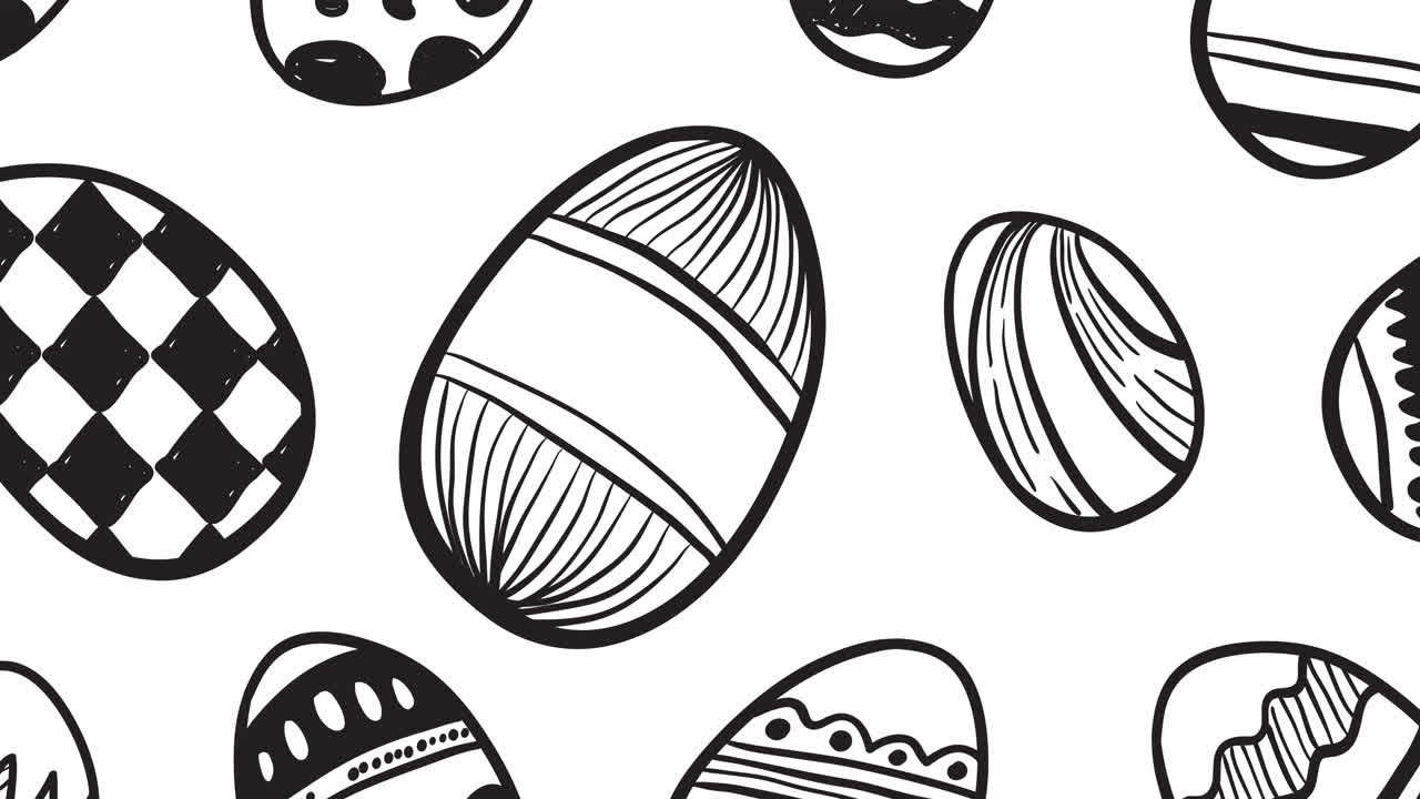 Animation of multiple decorated easter eggs in black and white on white background