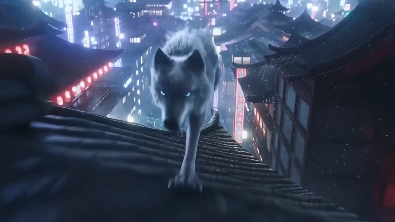 Cena de vídeo dinâmica de um gato pulando entre telhados à noite, capturada de um ângulo baixo