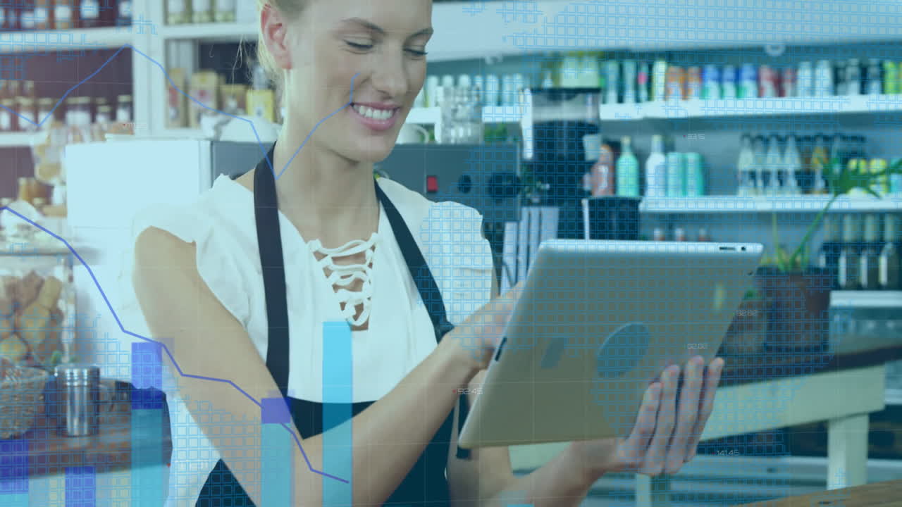 Using tablet, woman in grocery store with animation of data analytics overlay