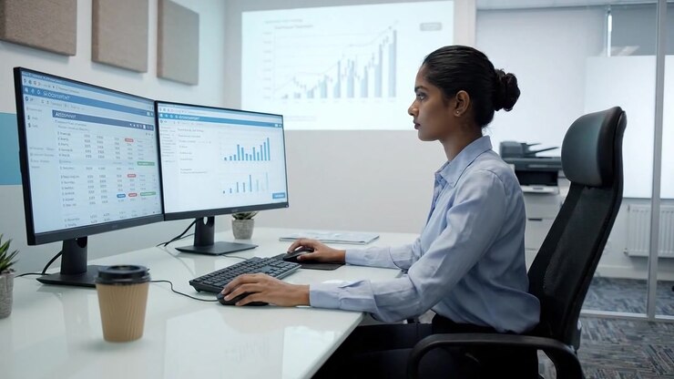 Focused Professional Analyzing Data on Dual Monitors in Modern Office Environment with Business Graph Projections on Wall Display