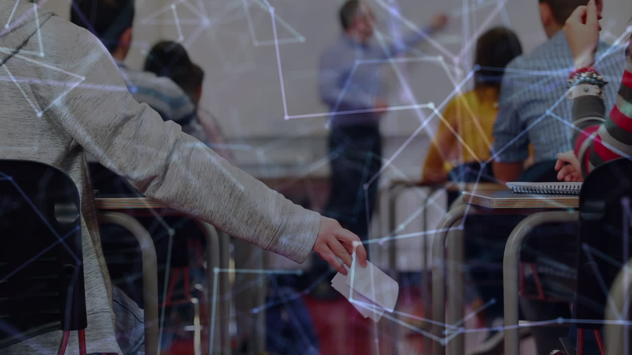 카우카시안 남성 교사와 다양한 학교 학생들이 보드에 글을 쓰는 형태의 애니메이션