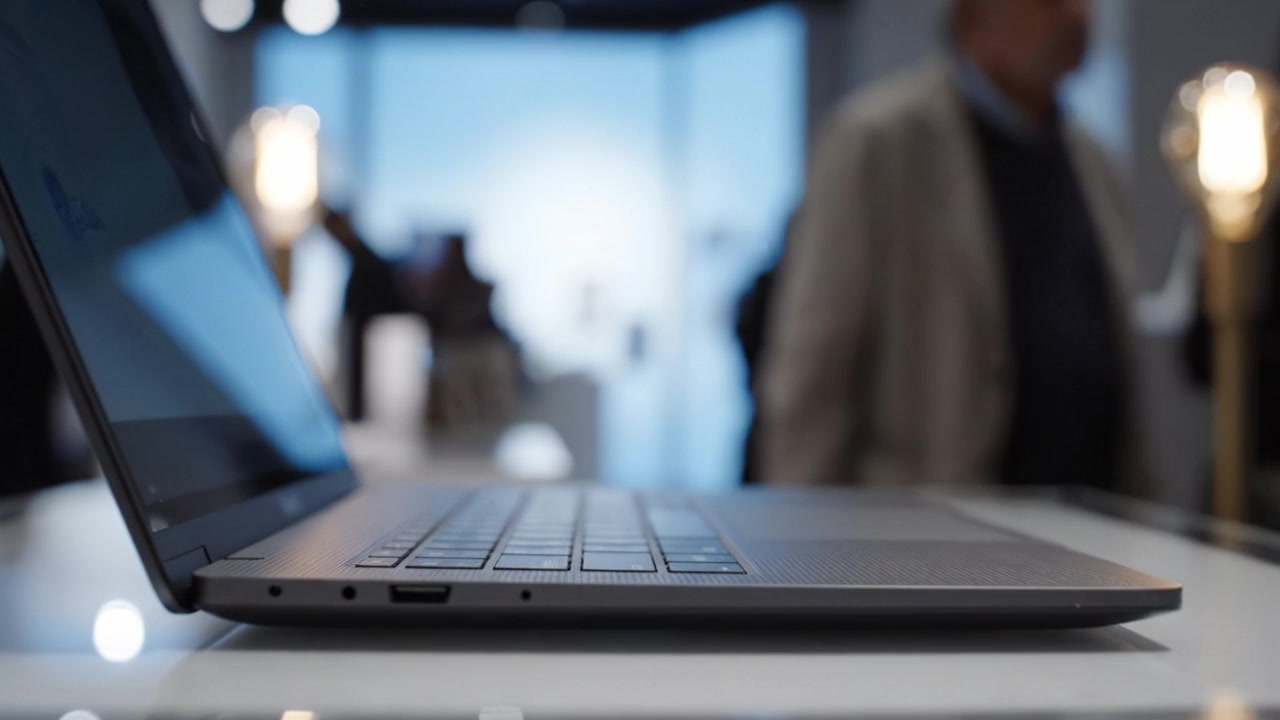 Un laptop moderno ed elegante esposto in una vetrina tecnologica contemporanea, che ne evidenzia il design, le caratteristiche e la funzionalità in un ambiente dinamico con figure sfocate.