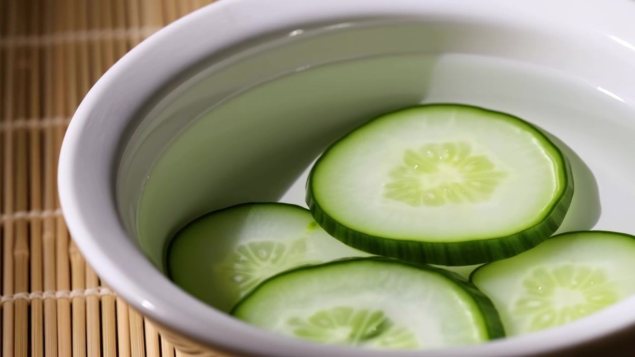 Close-up of fresh cucumber slices soaking in clear water inside a white bowl, placed on a bamboo mat with soft natural light and a calm kitchen atmosphere