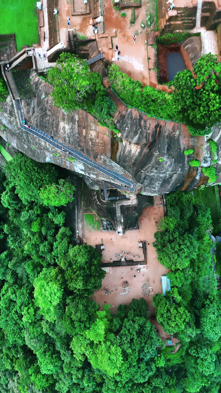 Flying above the lush greenery approaching the bare rock with stairs on it. Aerial perspective on the Sigiriya Fortress in Sri Lanka with people walking by. Vertical video.