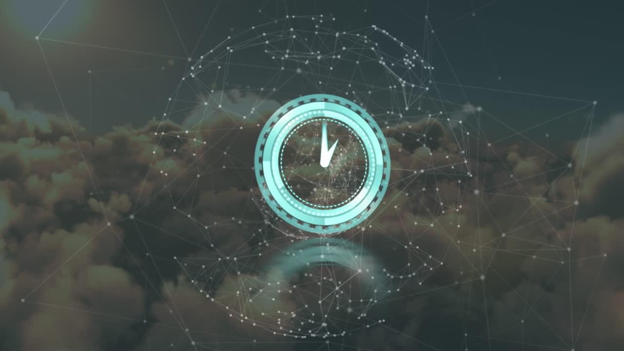 Animation of moving clock and network of connections over sky