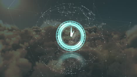 animación de reloj en movimiento y red de conexiones sobre el cielo