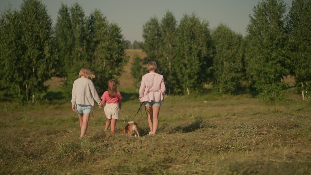 줄을 고 있는 여자의 뒷모습, 개가 건조한 풀 사이를 찾기 위해 멈추는 동안 어머니는 딸의 손을 잡고, 울창한 초록색과 멀리 있는 나무가 있는 농장을 함께 산책합니다.