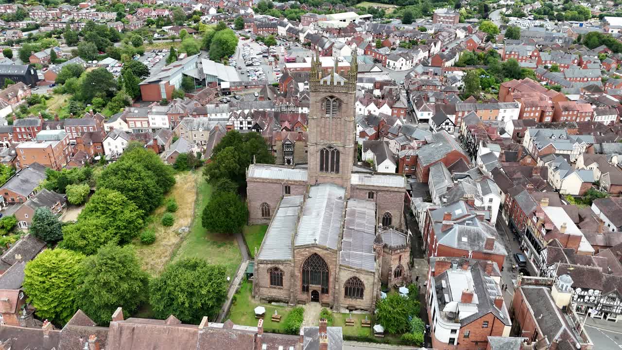 St Laurence's Church, Ludlow UK drone,aerial town centre in background