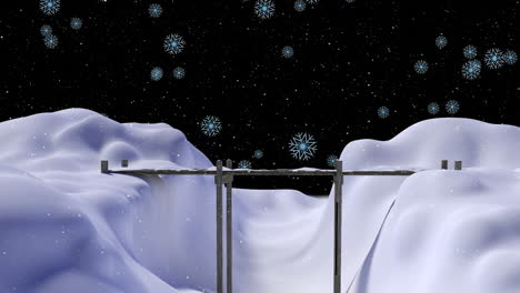 animation of snow falling over bridge and winter landscape background