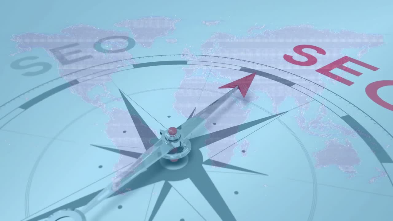 Compass needle spinning over blue dotted world map, floating teal SEO left and red SEC right