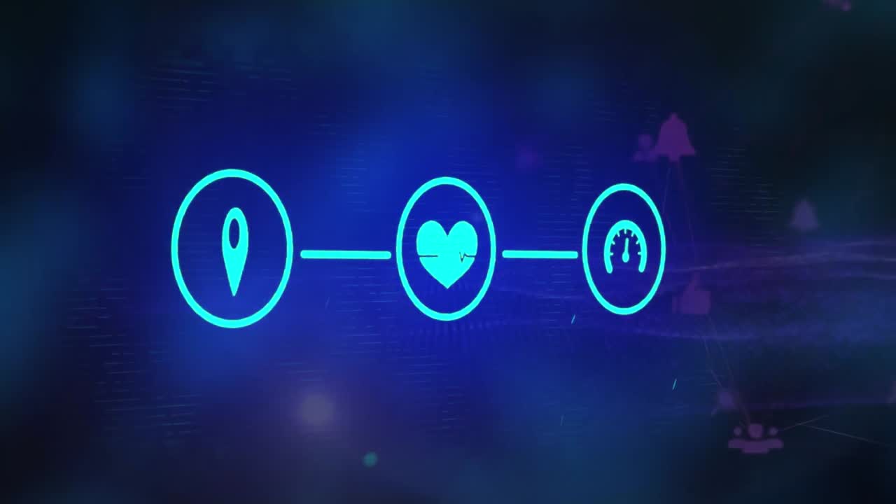 검은 바탕에 디지털 아이콘 네트워크와 파란색 빛 반점의 애니메이션