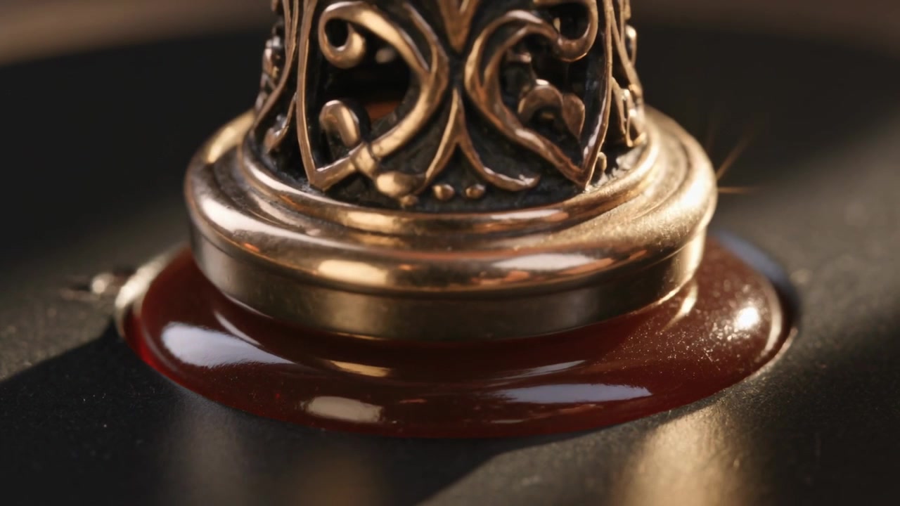 Descending ornate metal seal pressing into molten red wax on studio tabletop, forming smooth disc