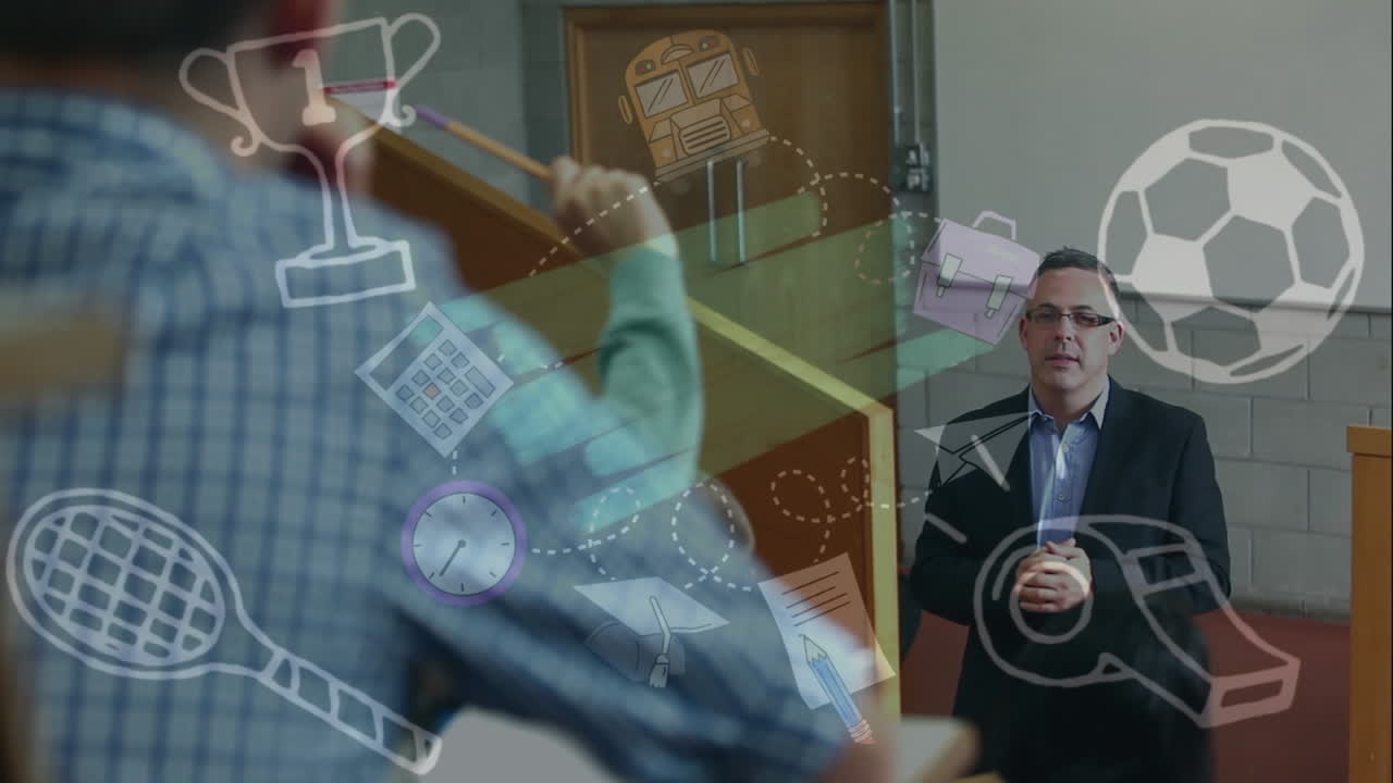 múltiples iconos del concepto deportivo flotando contra el profesor masculino caucásico que enseña a los estudiantes en la universidad