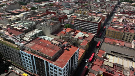 aerial view over old decayed buildings in the centro historico of mexico city