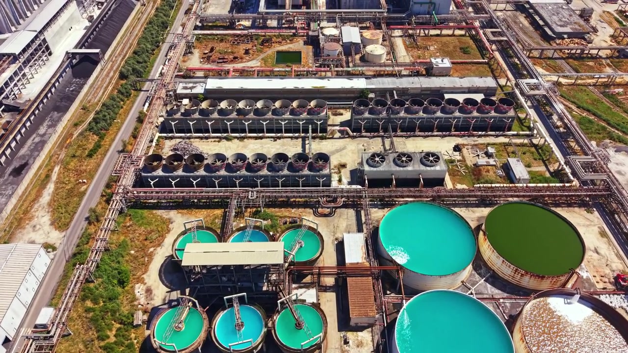 Large industrial facility with tanks and pipelines in daytime, showing water treatment and processing activities in an urban environment