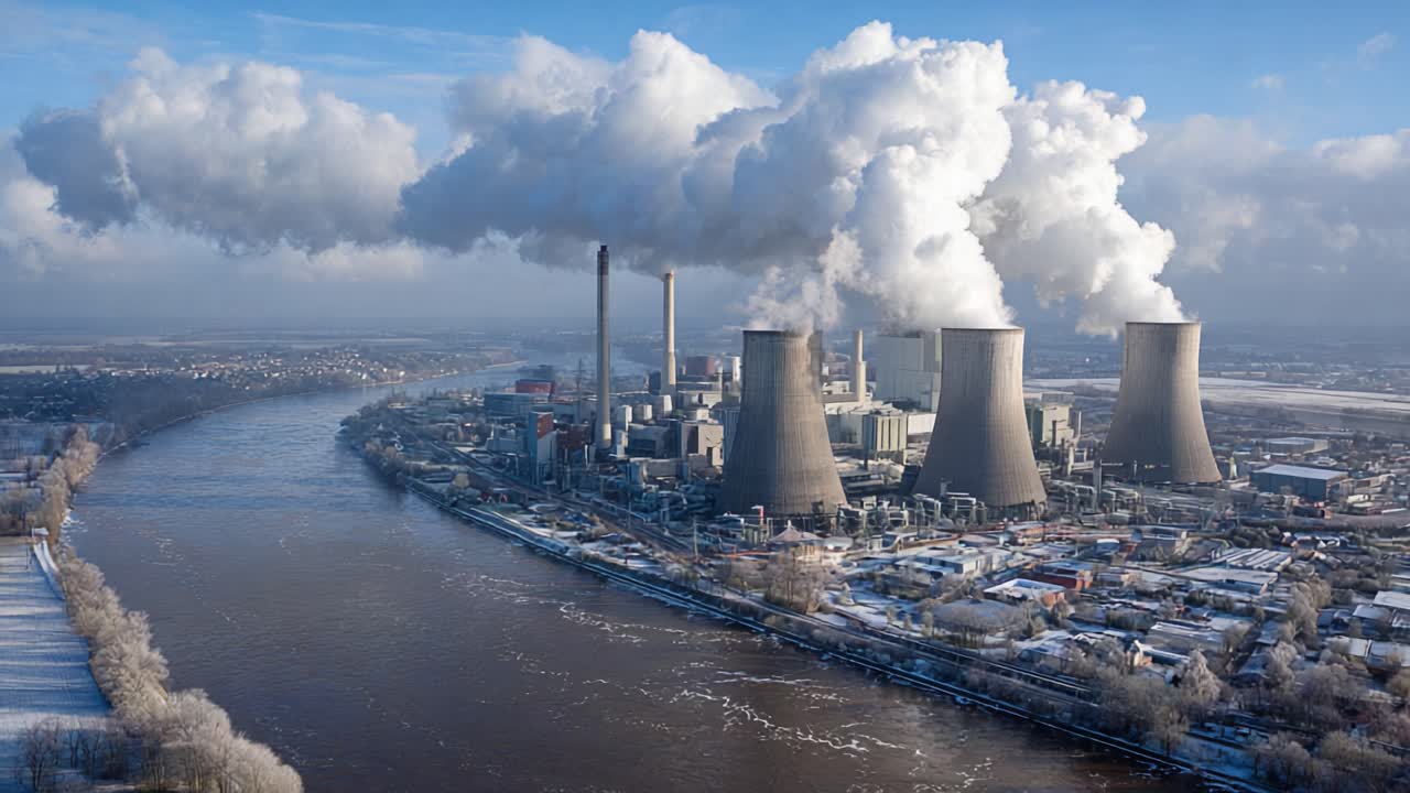 Aerial View of a Powerful Industrial Complex with Cooling Towers and Emissions – Winter Landscape with Snow-Covered River Reflecting the Skyline