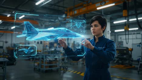 innovative engineer interacting with holographic jet design in advanced aerospace workshop, showcasing high-tech visualization of aircraft features and specifications