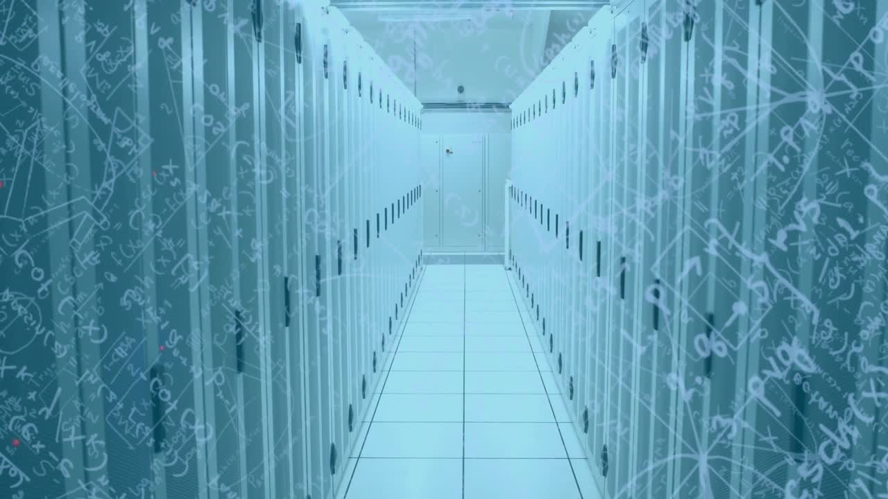 animación de servidores de computadora sobre ecuaciones matemáticas y cuadrícula