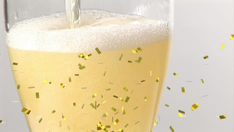 animation of confetti falling over champagne glass on white background